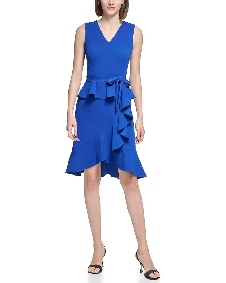 

Платье Calvin Klein Scuba Crepe V-Neck with Ruffle Skirt, цвет Regatta