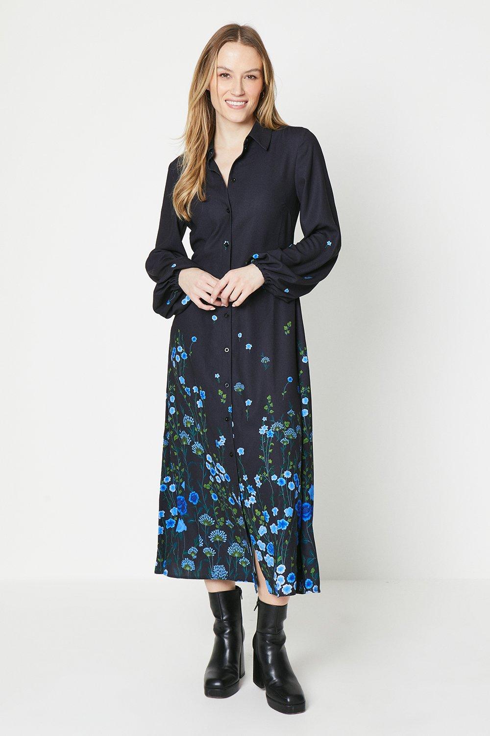 Синее платье-рубашка миди с цветочным принтом Oasis, черный платье ostin прямое синее 44 размер