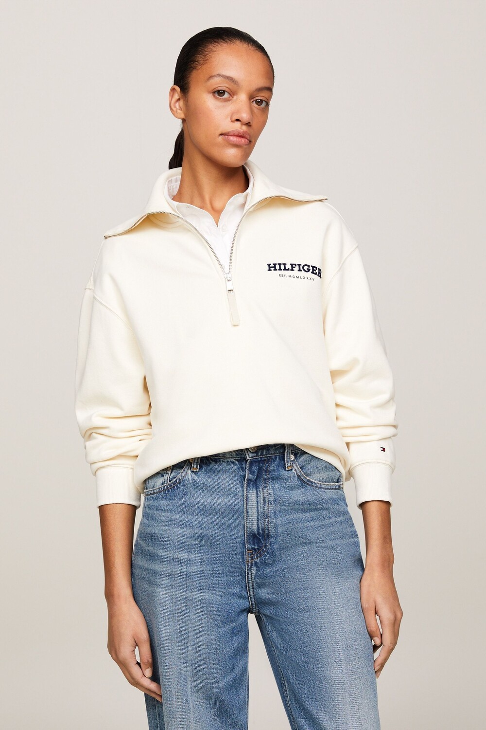 

Кремовый свитшот-монотип на короткой молнии Tommy Hilfiger, бежевый