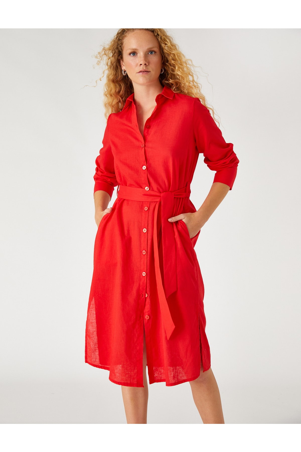 Платье-рубашка миди из смесового льна Koton, красный