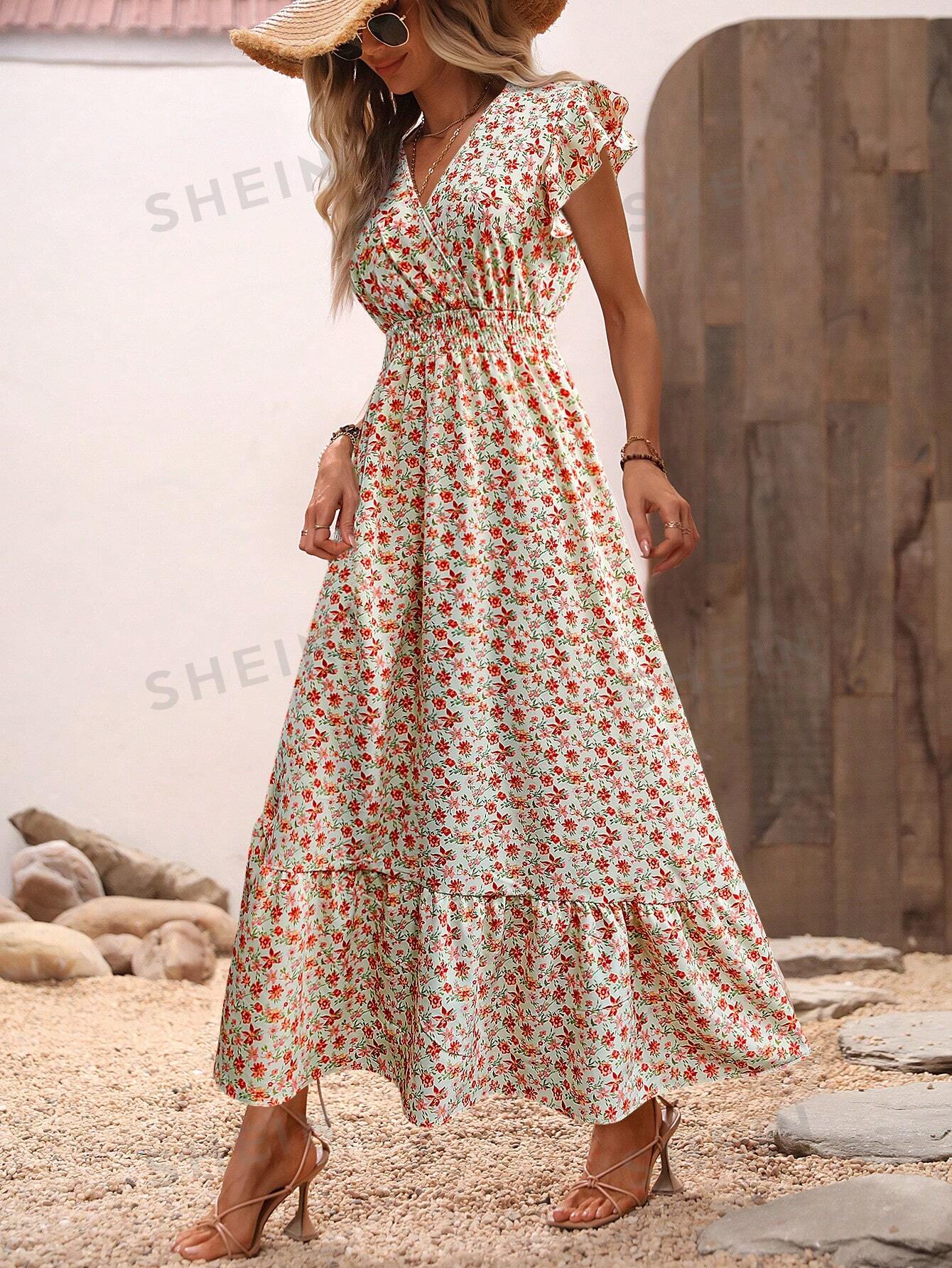 цена SHEIN VCAY Женское платье с цветочным принтом и короткими рукавами и рюшами по краю, апельсин