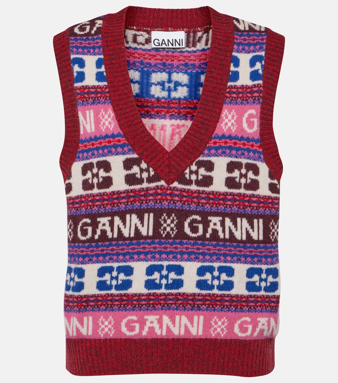 Жаккардовый свитер-жилет с логотипом Ganni, мультиколор