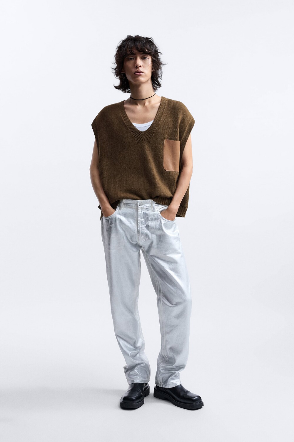 

Жилет с кожаным карманом, ограниченная серия Zara, оливково-зеленый