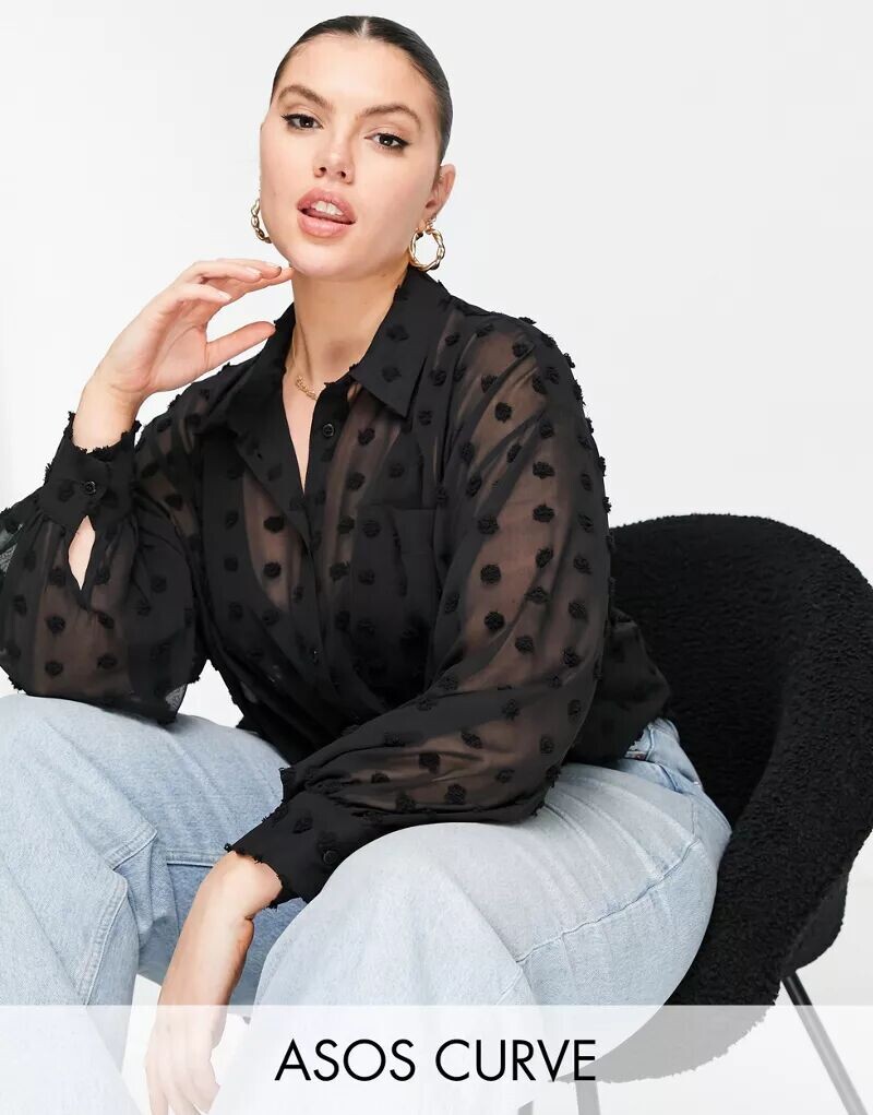 

Черная оверсайз-рубашка в горошек ASOS Curve