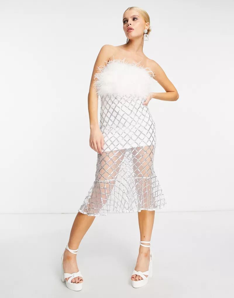 Платье миди с серебряной решетчатой ​​юбкой Amy Lynn из искусственного меха с глубоким вырезом и открытым вырезом