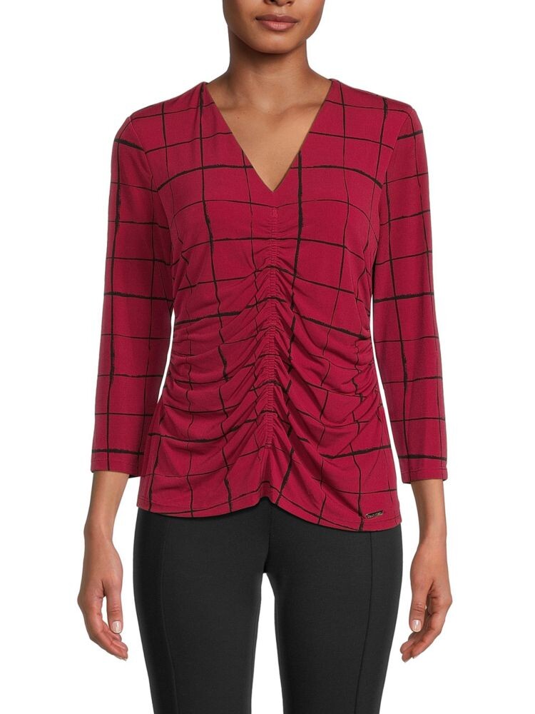 

Клетчатый топ с рукавами 3/4 со сборками Calvin Klein, цвет Cranberry Combo