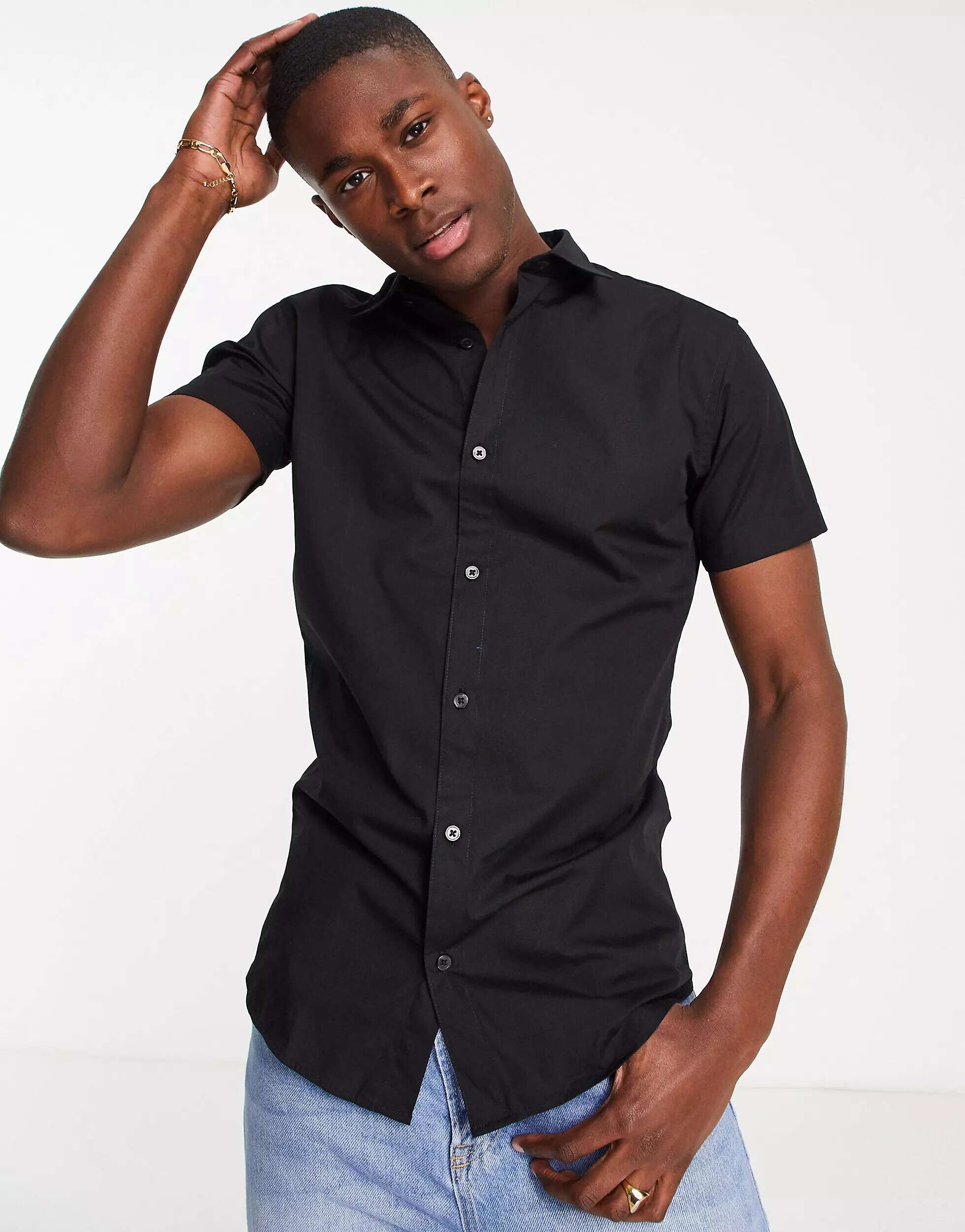 Черная хлопковая рубашка стрейч с короткими рукавами Jack & Jones Originals