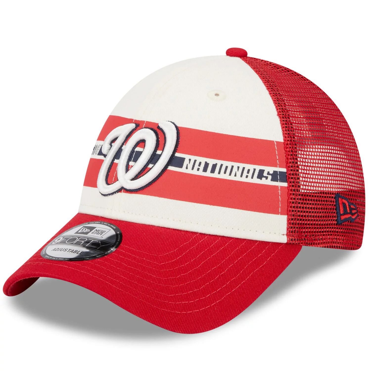 

Мужская кепка New Era White/Red Washington Nationals Team Stripe Trucker 9FORTY Snapback