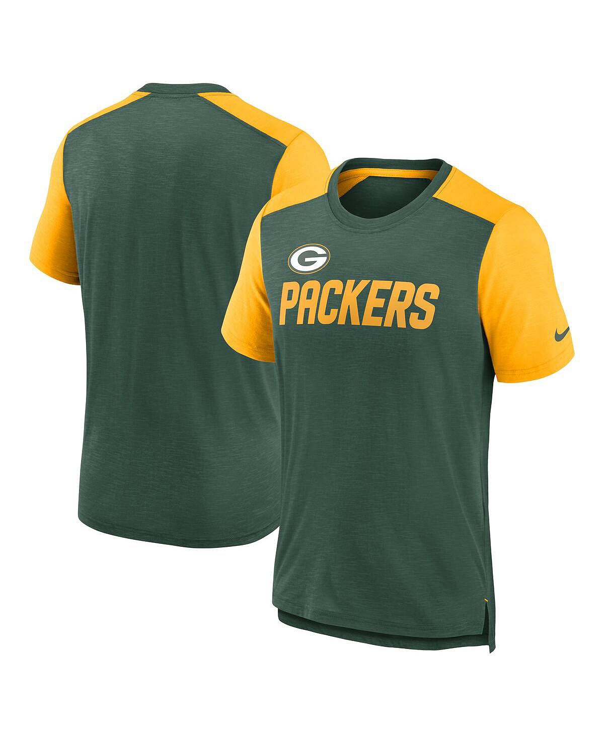 мужская футболка green bay packers horizontal lockup legend золотистого цвета nike Мужская футболка с названием команды Green Bay Packers в стиле колор-блок, зеленая, золотистая с меланжевым отливом Nike