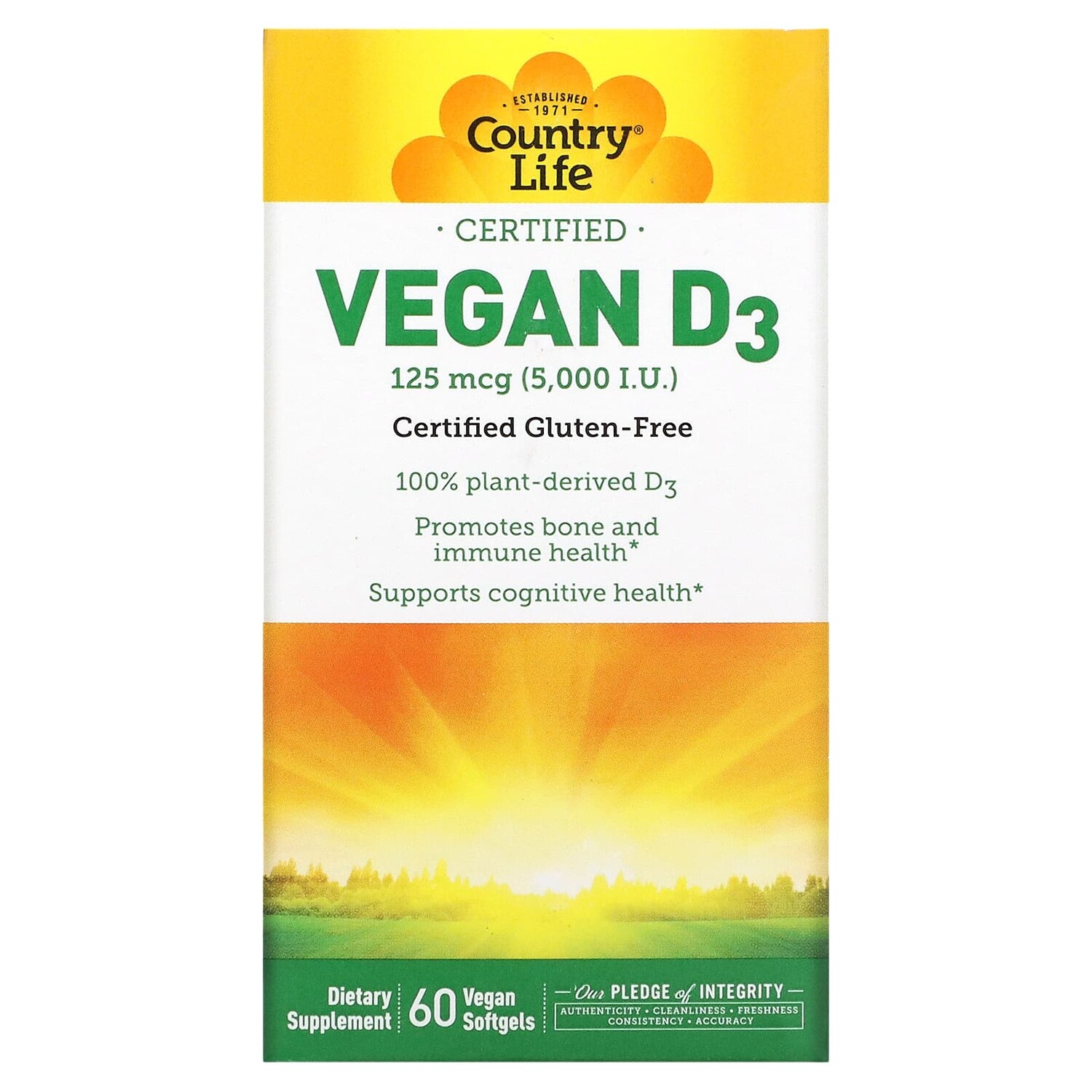 

Vegan D3, 125 mcg (5,000 IU), 60 Vegan Softgels, Country Life