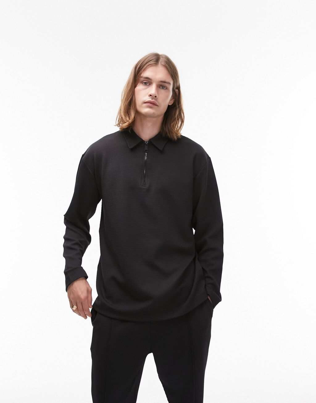 

Черная футболка-поло с молнией вафельного цвета Topman, Черный