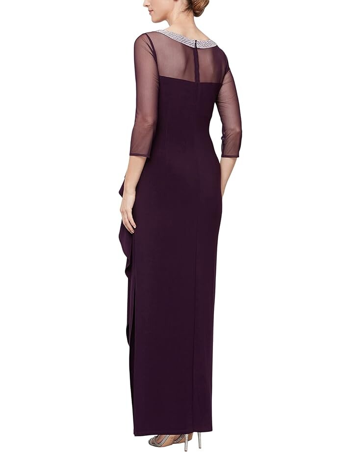 

Платье Alex Evenings Long Illusion 3/4'' Sleeve Side Ruched Dress w/ Embellished Neckline, цвет Eggplant