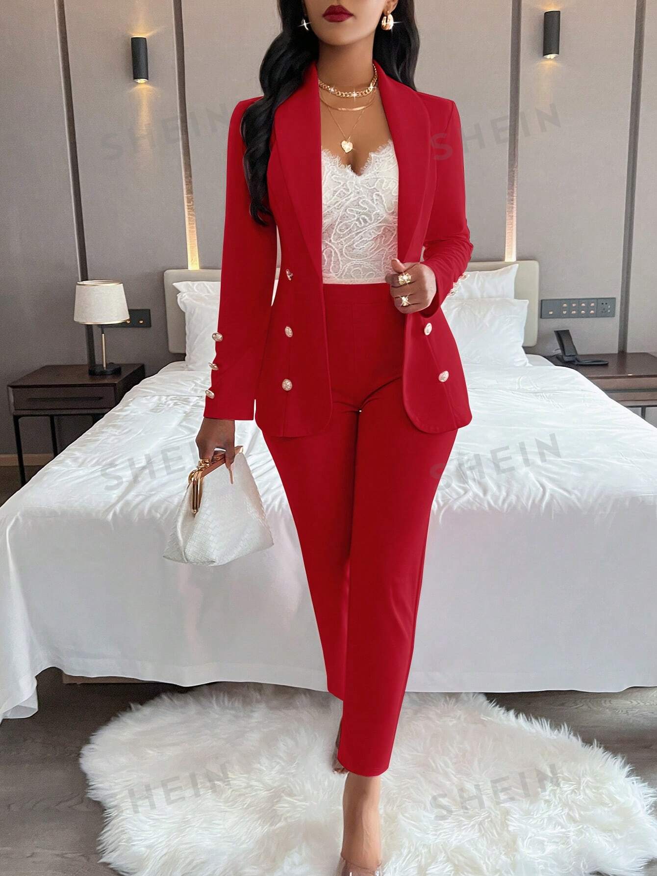 Женский пиджак с воротником-стойкой, длинными рукавами и комплект брюк, красный женский элегантный бархатный костюм из 2 предметов однотонный привлекательный облегающий однобортный деловой костюм с лацканами для осен