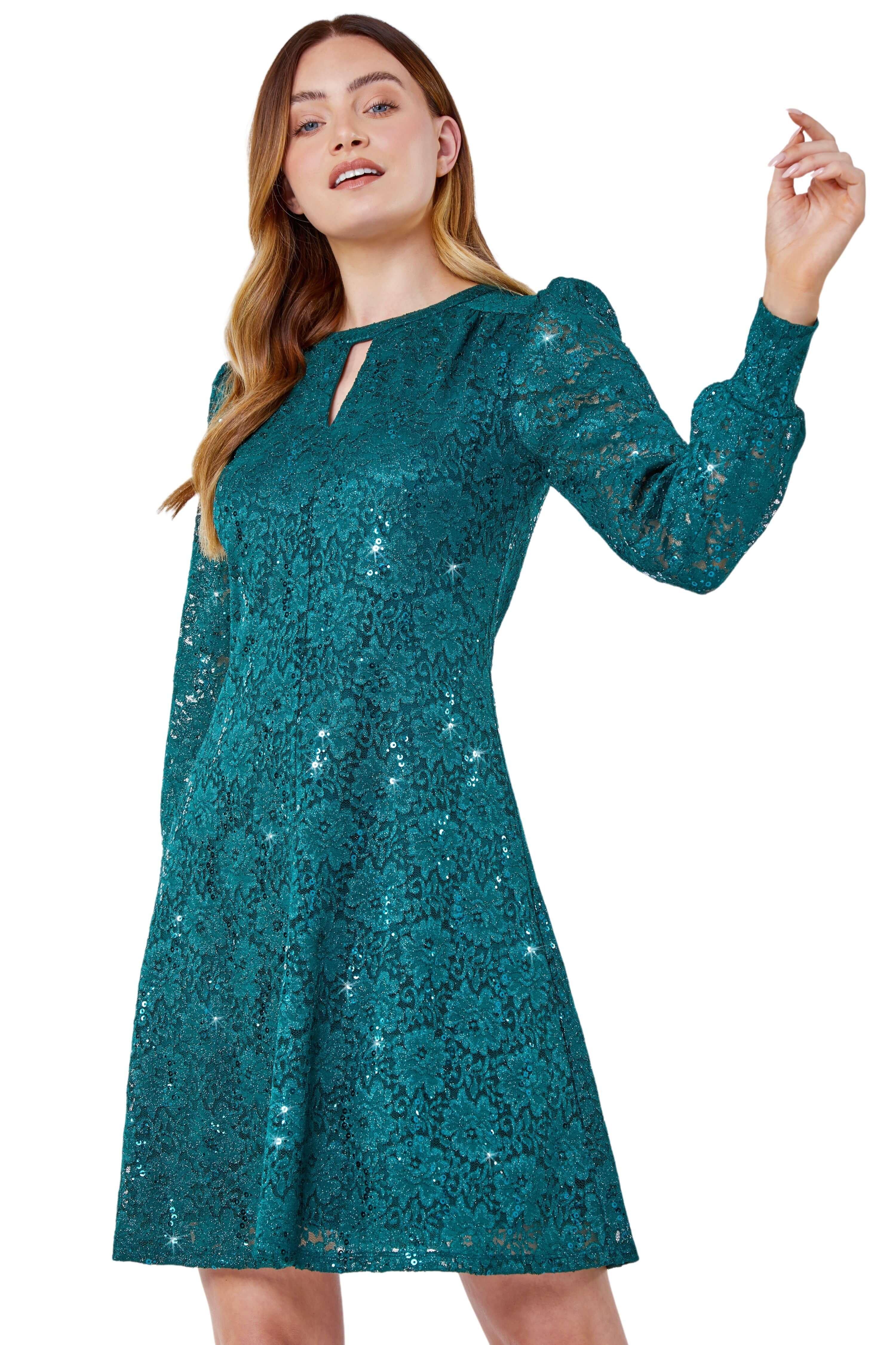 Кружевное блестящее свободное платье Roman, зеленый фото