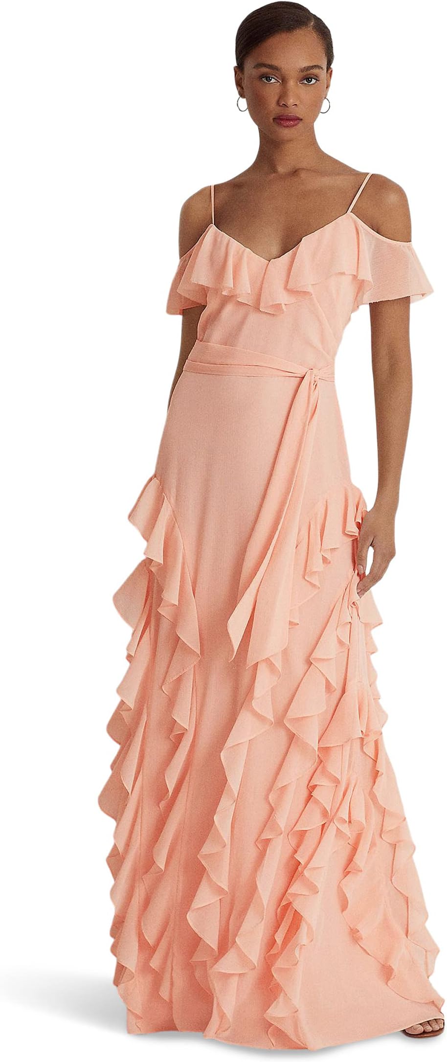 Платье с открытыми плечами из жатого жоржетта LAUREN Ralph Lauren, цвет Pale Pink