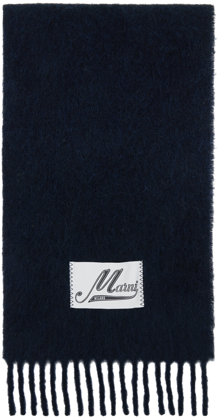 

Темно-синий шарф с логотипом из брашированной альпаки Marni, цвет Blue/Black