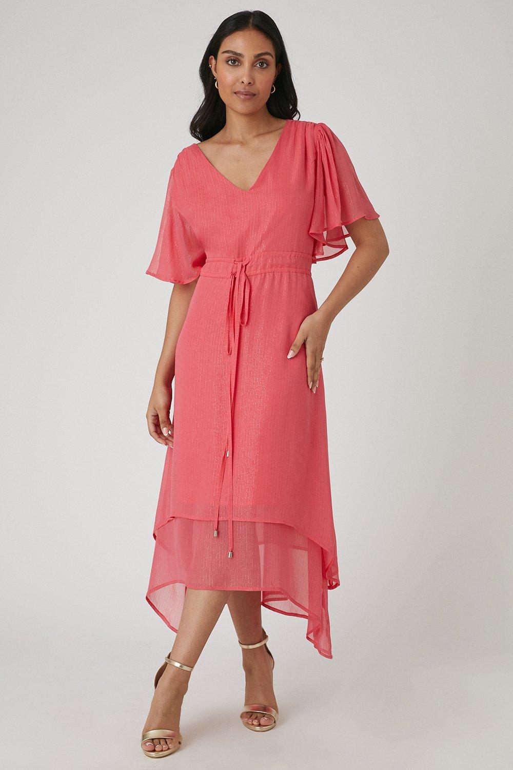 Платье миди Petite с блестящими полосками и рюшами Wallis, розовый