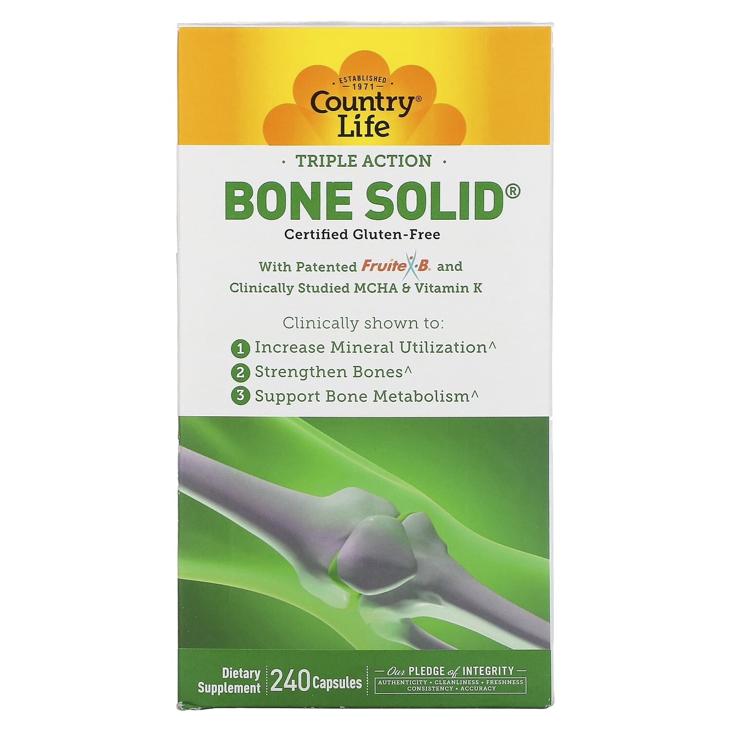 

Triple Action Bone Solid, 240 капсул, Country Life