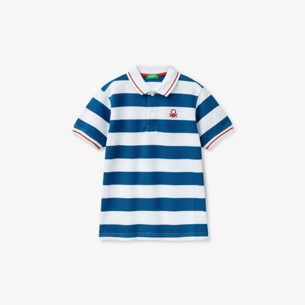 Хлопковая рубашка-поло в полоску с вышитым логотипом для 6–14 лет Benetton, цвет royal blue stripe