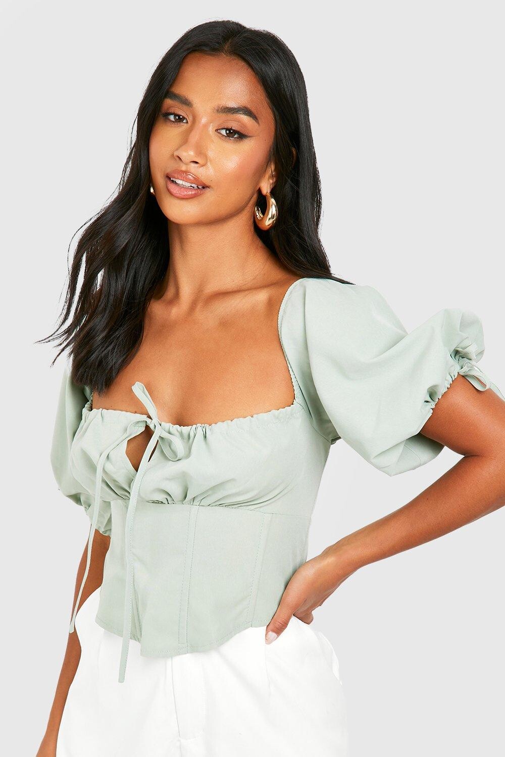 

Корсетовый топ petite milkmaid с пуховыми рукавами Boohoo, шалфей