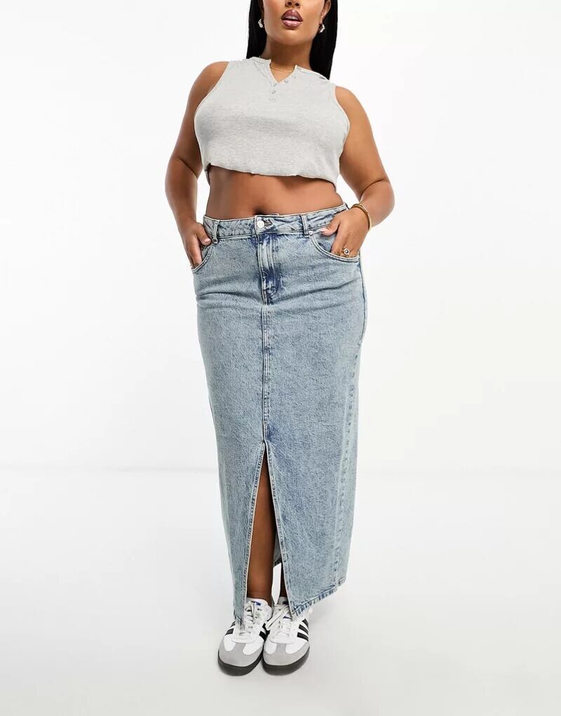 

Джинсовая юбка миди с разрезом по краю ASOS DESIGN Curve