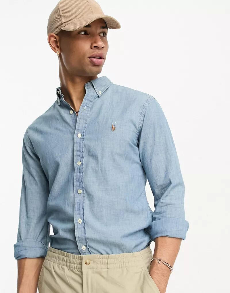 Рубашка из светлого денима из шамбре Polo Ralph Lauren приталенного кроя с логотипом бренда