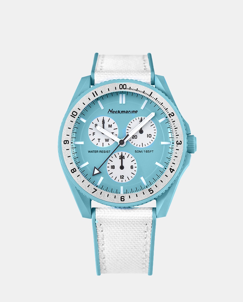 Многофункциональные женские часы Coral Reef NM-X4765M12 из смолы и синего нейлона Neckmarine, синий браслет с белым и синим агатом