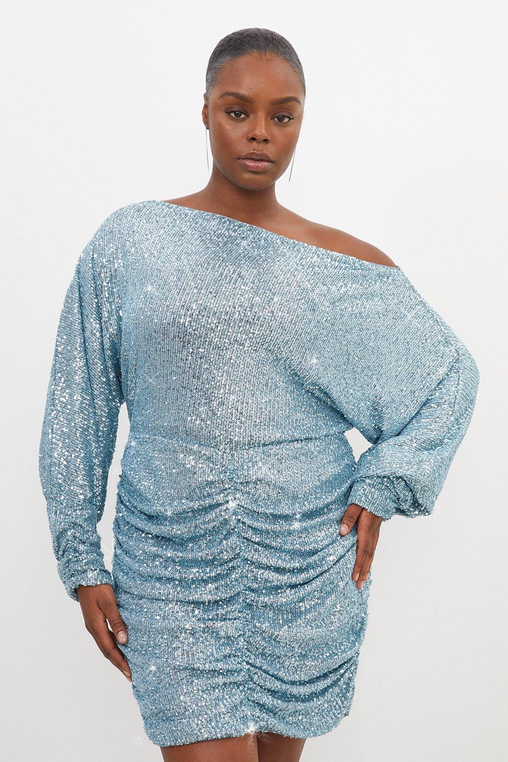 Мини-платье больших размеров из эластичного джерси с пайетками Karen Millen, синий