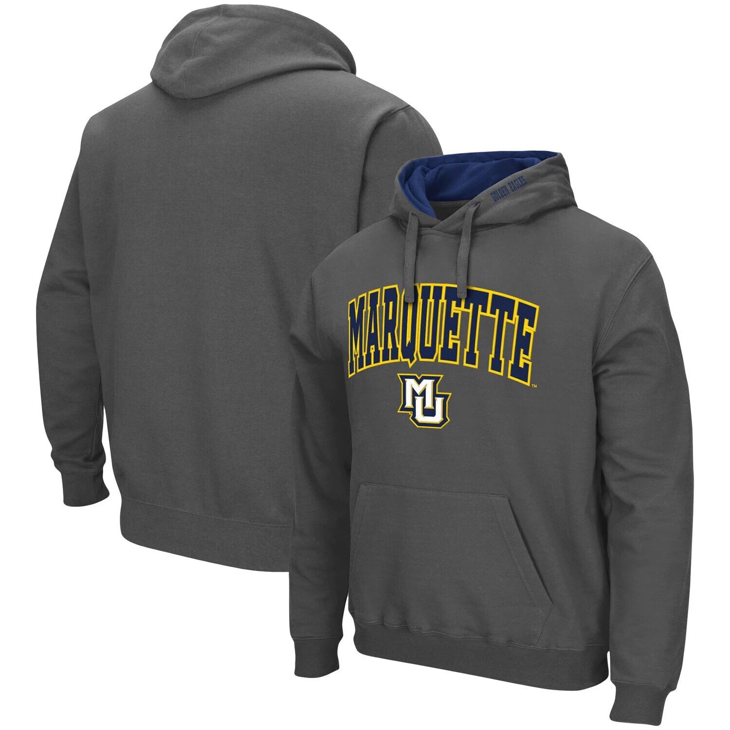 

Мужской темно-серый пуловер с капюшоном Marquette Golden Eagles Arch и логотипом Colosseum