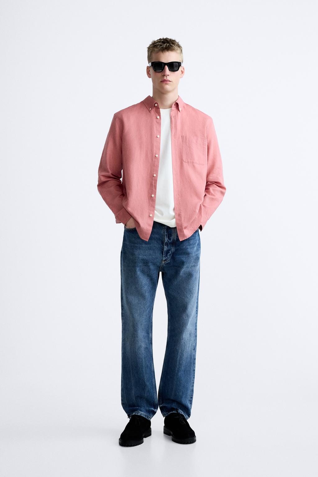 Хлопок - льняная рубашка ZARA, пыльно-розовый цена и фото