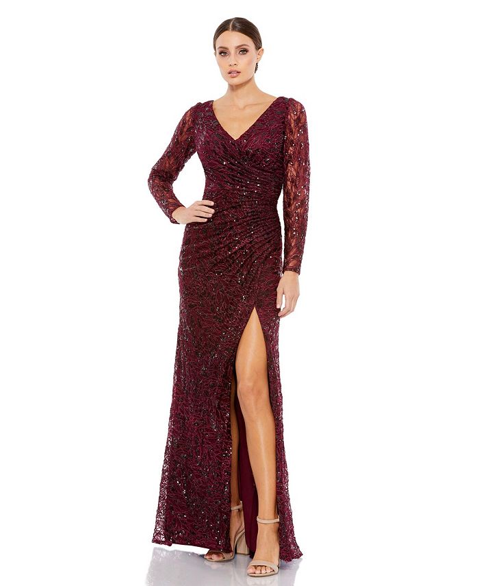 цена Женское платье с длинными рукавами, рюшами и блестками, V-образным вырезом Mac Duggal, красный