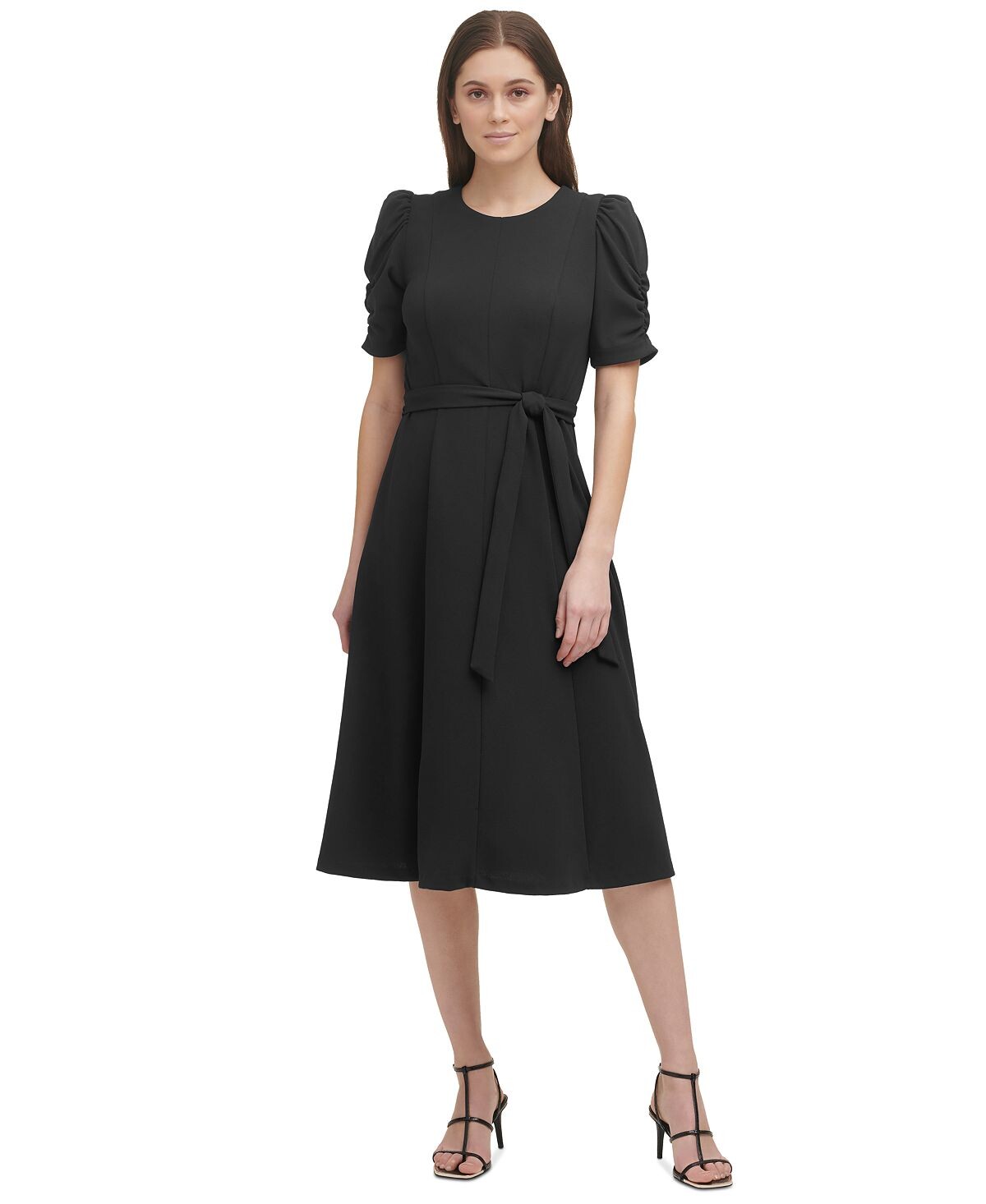 

Платье-миди со сборками на рукавах DKNY, черный