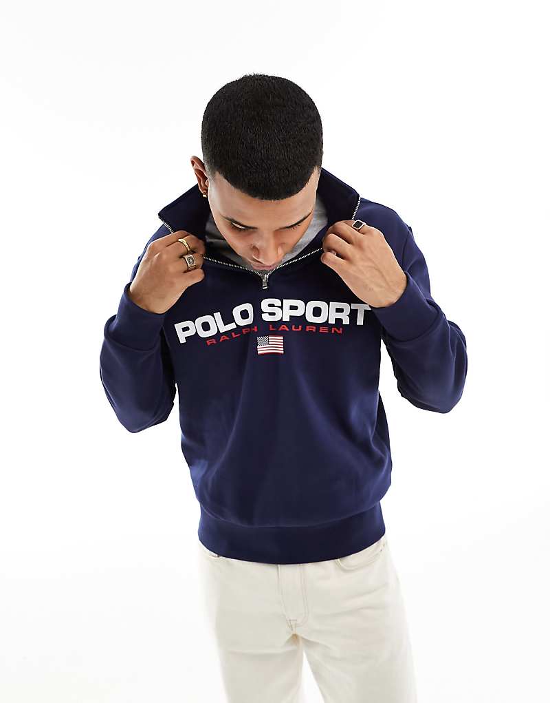 

Polo Ralph Lauren — Sport Capsule — темно-синяя меланжевая толстовка с полумолнией в стиле ретро и логотипом в виде флага