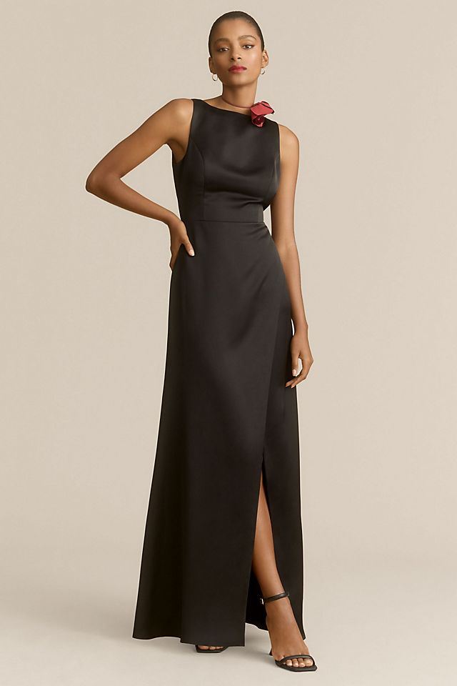 Платье BHLDN Alice макси с высоким воротником, черный женское вечернее плиссированное платье с высоким разрезом глубоким v образным вырезом и открытой спиной