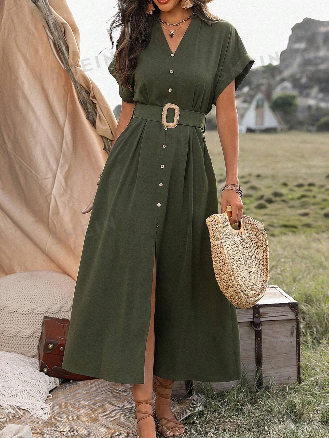 женское платье рубашка с коротким рукавом v образным вырезом и пуговицами SHEIN LUNE Платье с V-образным вырезом и рукавами «летучая мышь» на пуговицах спереди, армейский зеленый