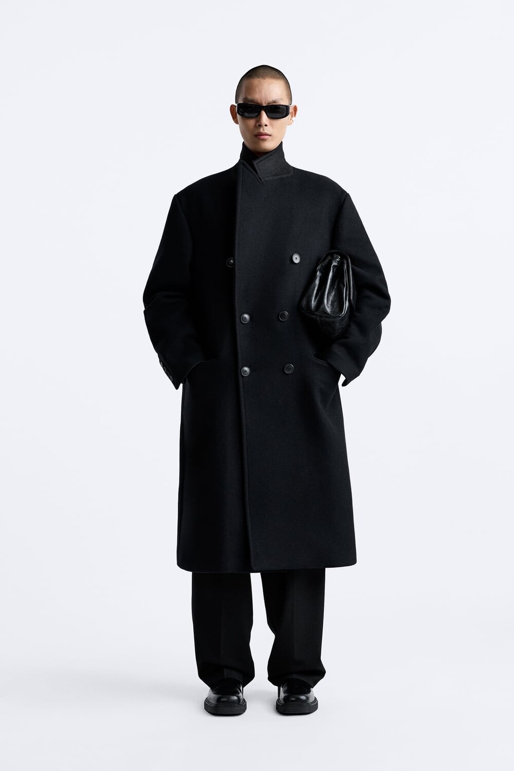 

Двубортное пальто из смесовой шерсти ZARA, черный