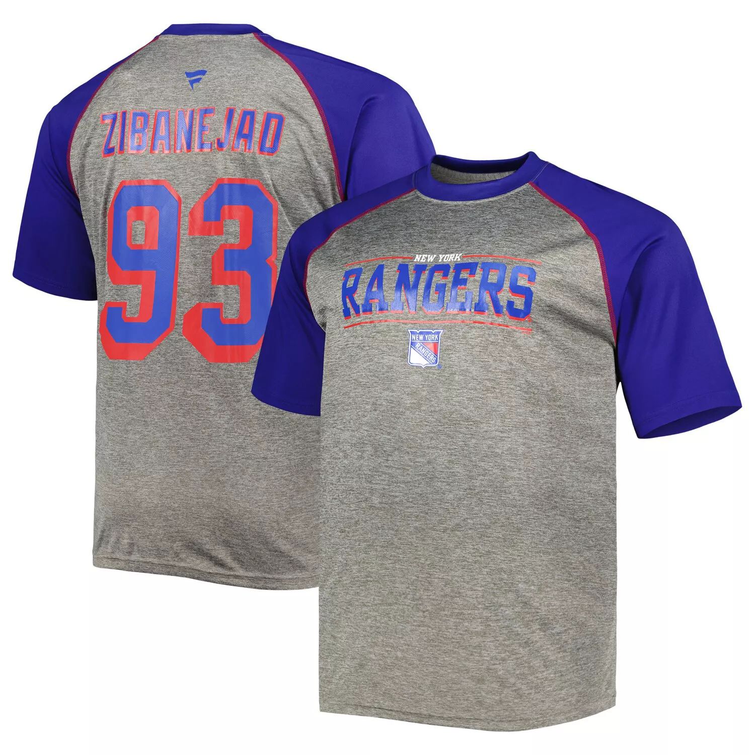 Мужская брендовая футболка Mika Zibanejad Heather Grey/Blue New York Rangers Big & Tall Contrast реглан с именем и номером Fanatics