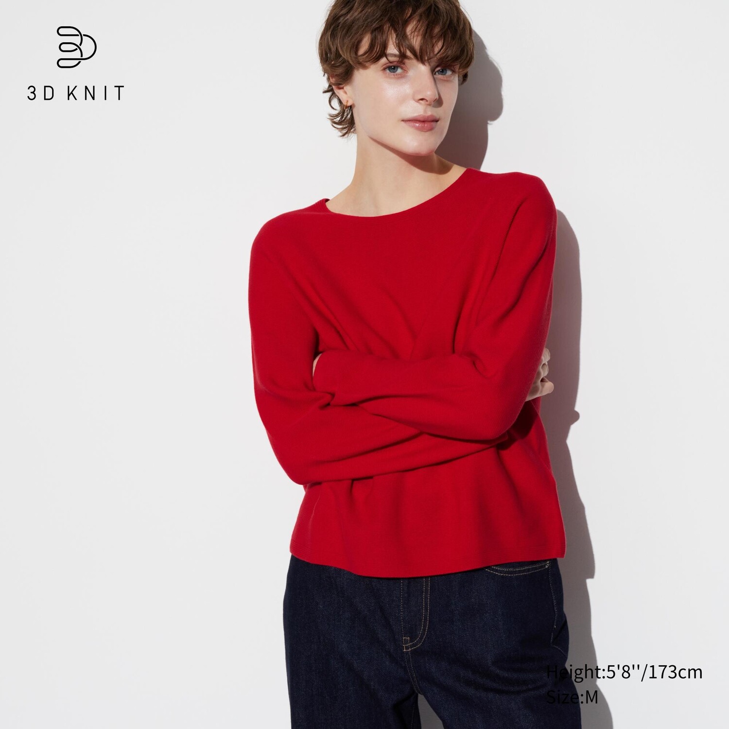 

Хлопковый свитер 3D-вязки с круглым вырезом и длинными рукавами UNIQLO, красный