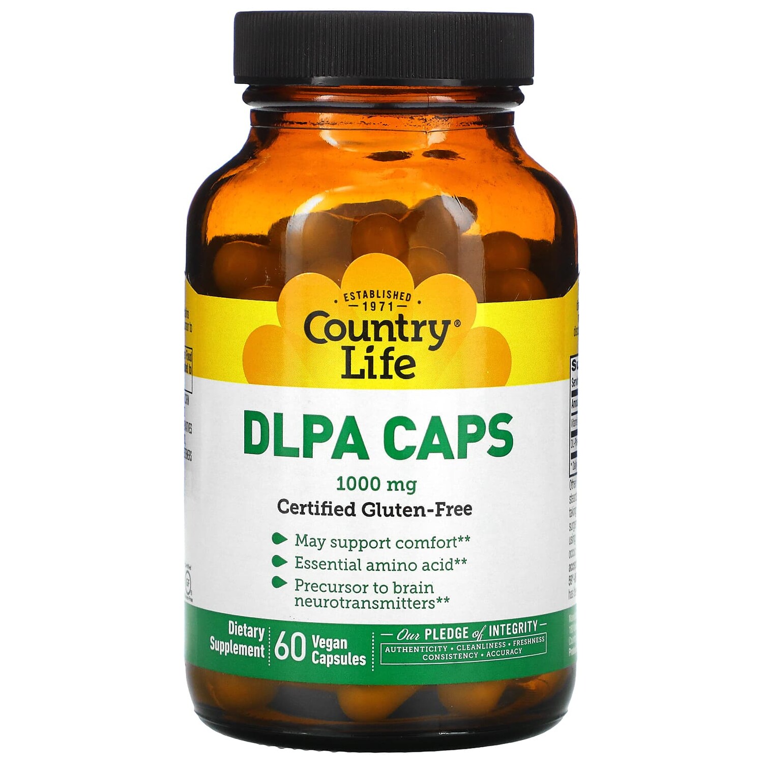 

DLPA (DL-фенилаланин) в капсулах, 1000 мг, 60 веганских капсул, Country Life
