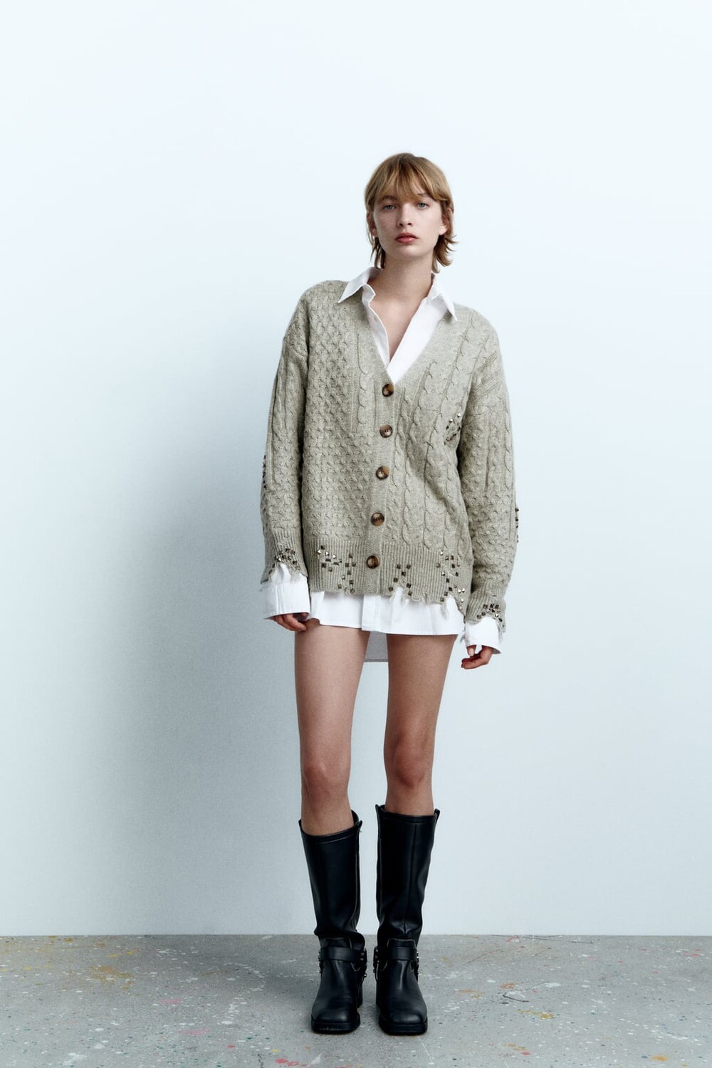 

Кардиган косой вязки с заклепками ZARA, серый