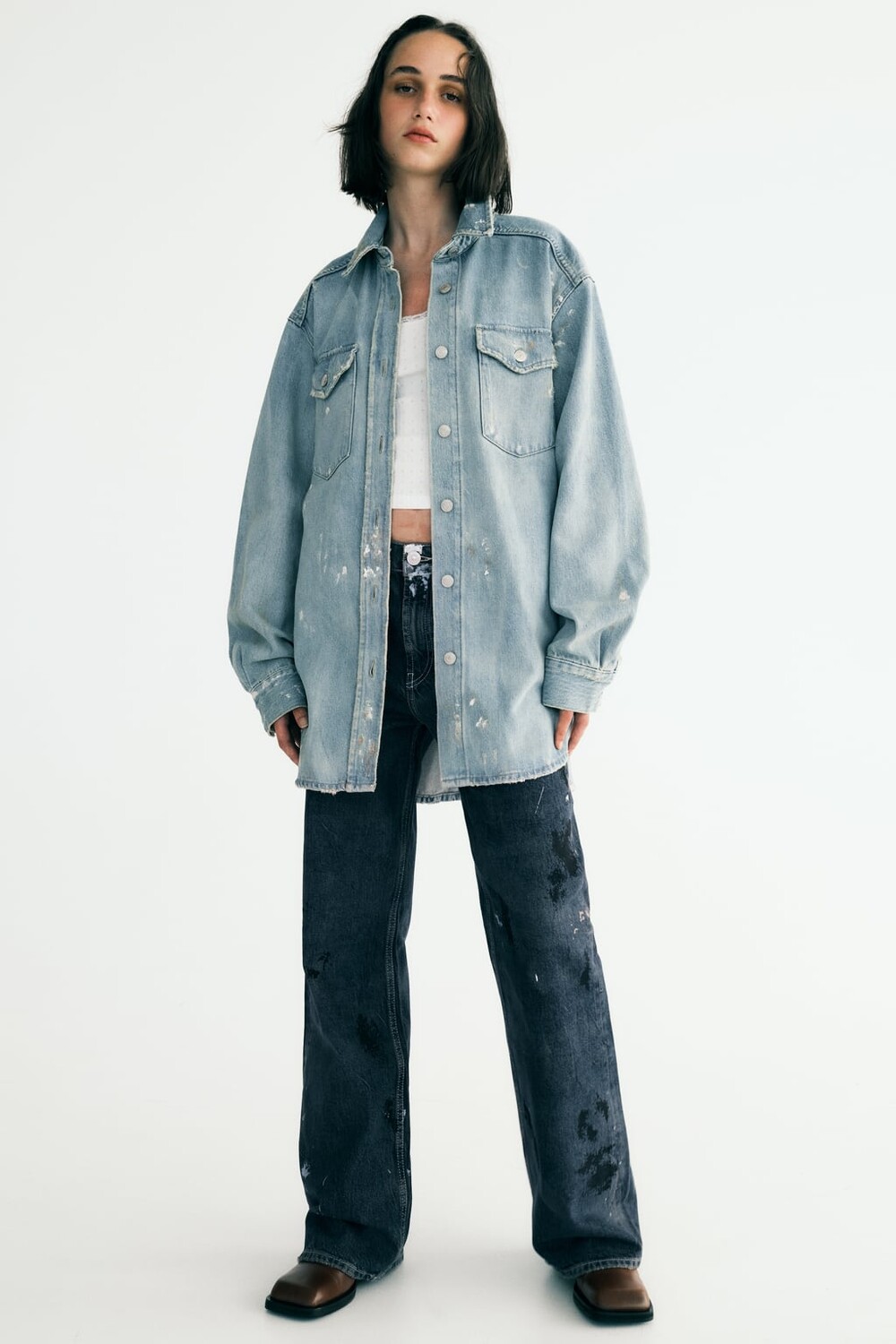

Рубашка оверсайз из денима TRF paint splatter ZARA, синий