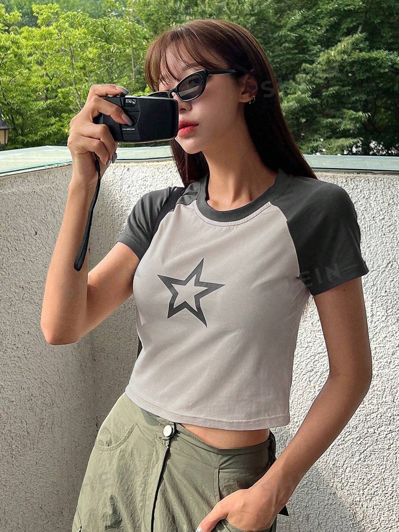 Женская футболка DAZY с короткими рукавами и цветными блоками, серый
