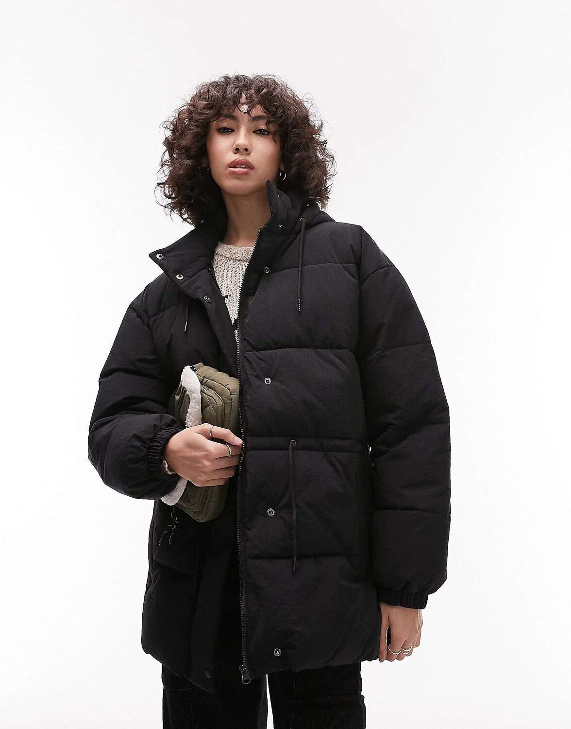 

Черная пуховая куртка средней длины с завязкой на талии Topshop Topshop Tall, Черный