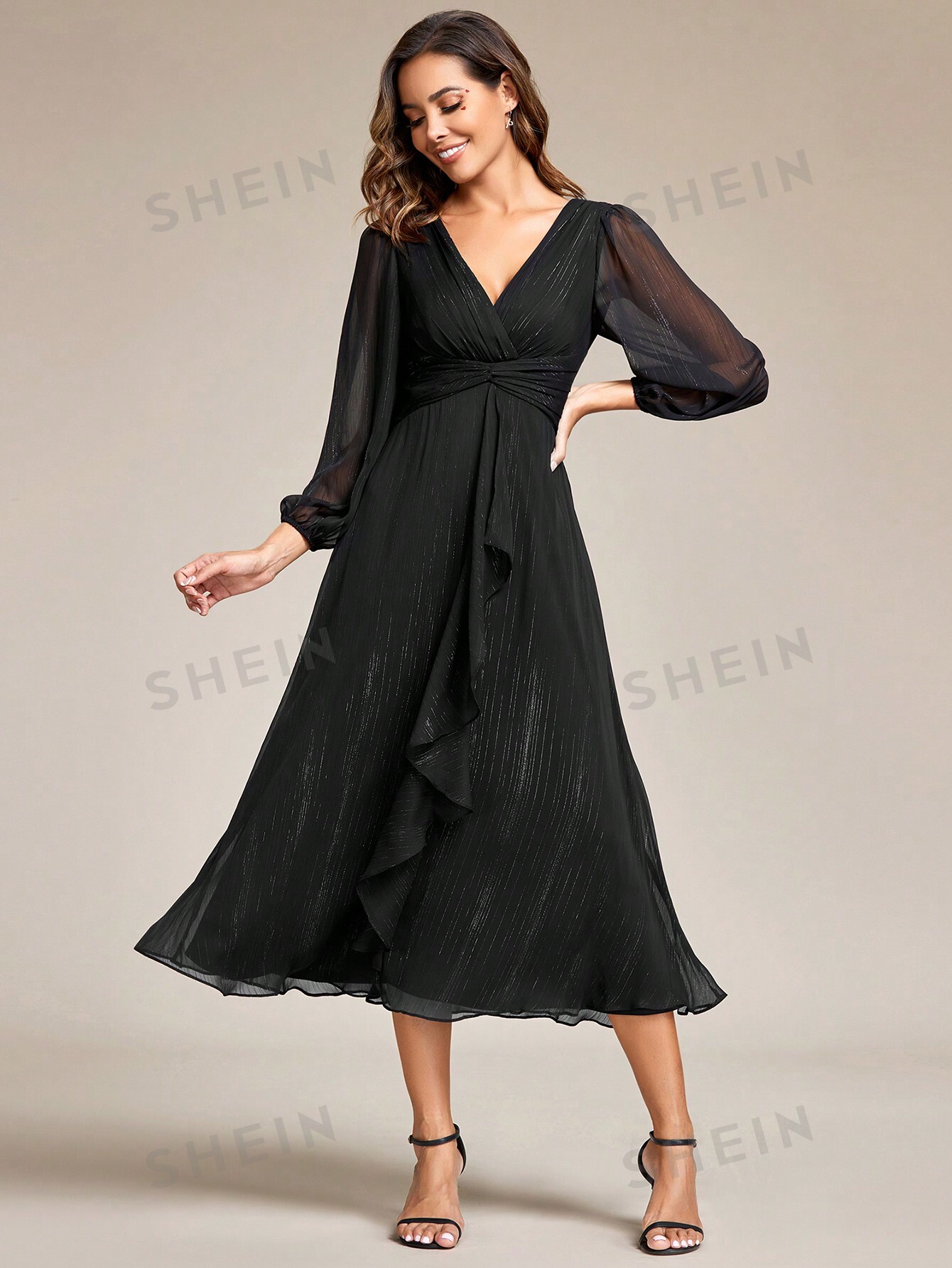 Элегантное и романтичное вечернее платье с рюшами и закрученным узлом на подоле EVER-PRETTY, черный цена и фото