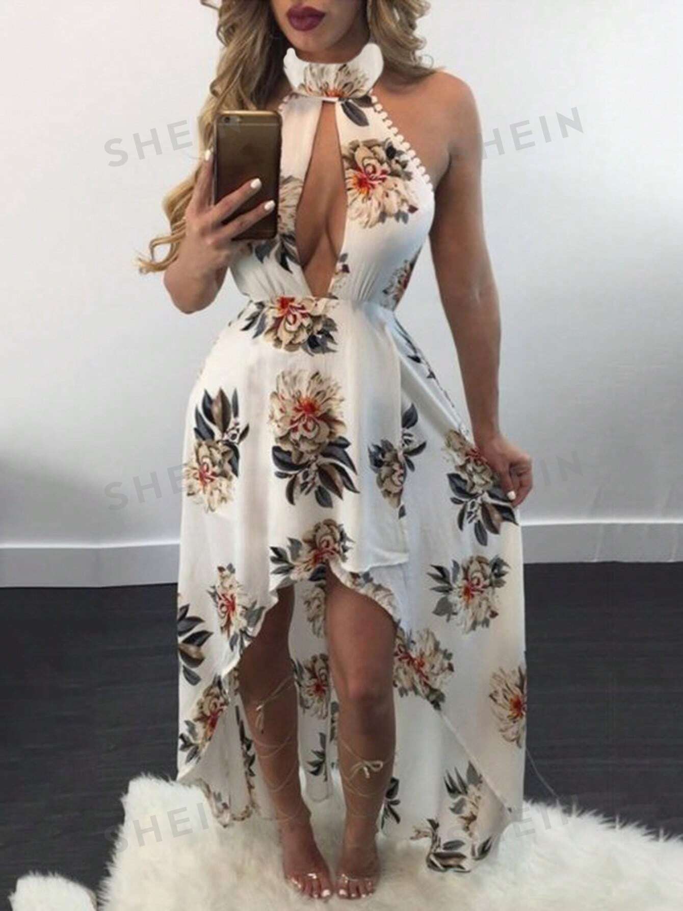 SHEIN VCAY Отпускное платье с открытой спиной и открытой спиной с цветочным принтом и вырезом через шею, многоцветный платье женское средней длины с открытой спиной и цветочным принтом на бретелях