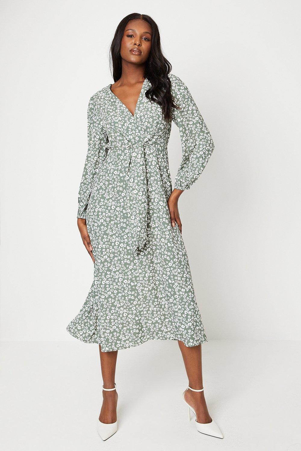 

Платье миди Petite с цветочным принтом и завязкой спереди Dorothy Perkins, хаки