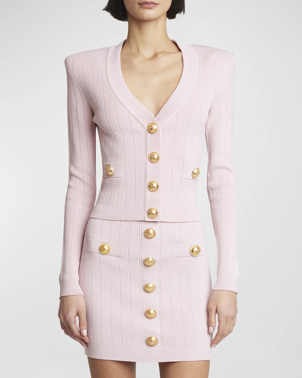 

Укороченный вязаный кардиган на пуговицах Balmain, цвет Lt Pink