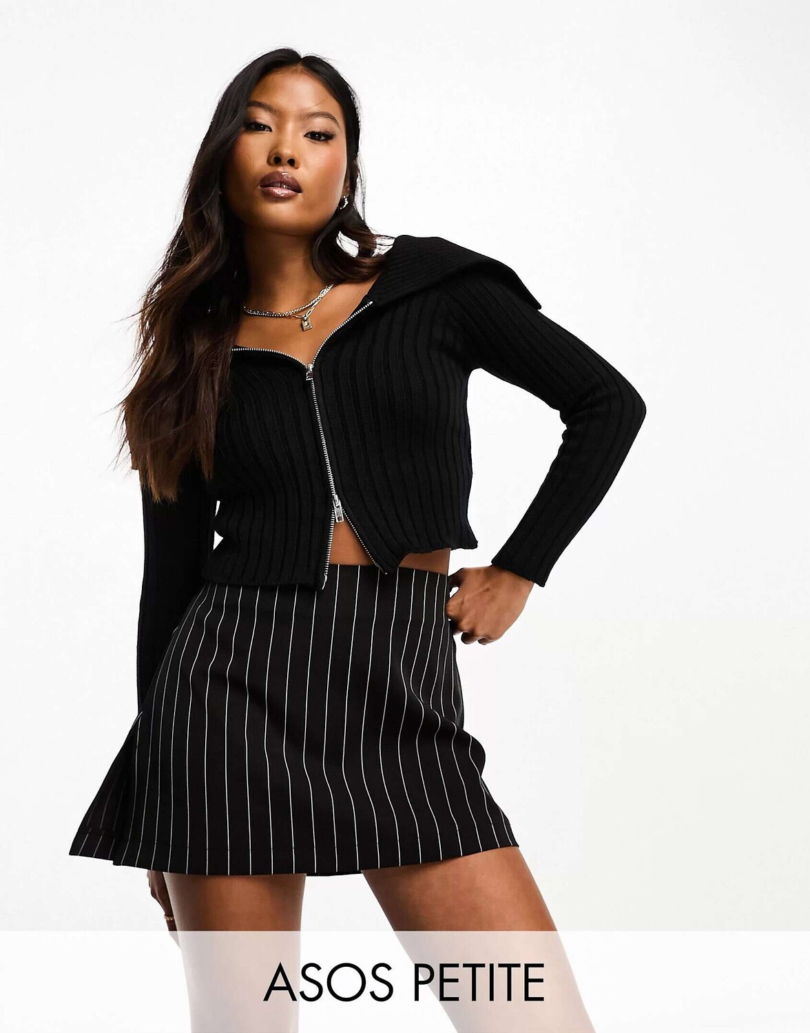 

Черный кардиган в рубчик с открытыми плечами и молнией ASOS DESIGN Petite