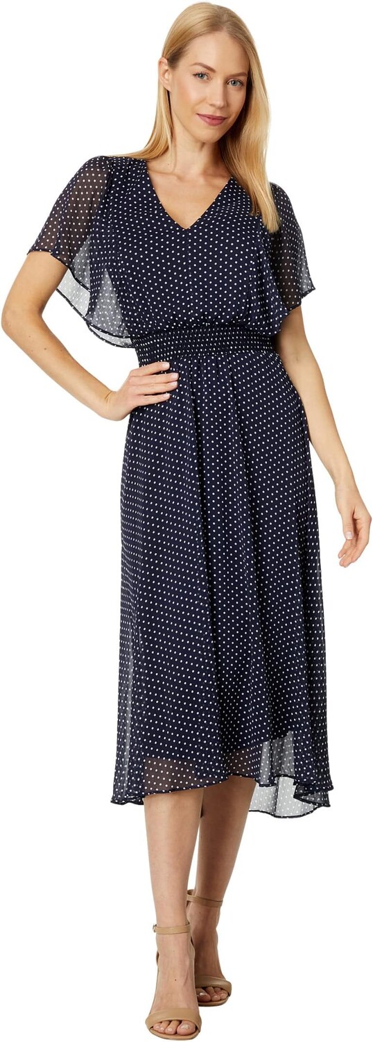 

Платье миди с V-образным вырезом и оборками на рукавах DKNY, цвет Navy Cream