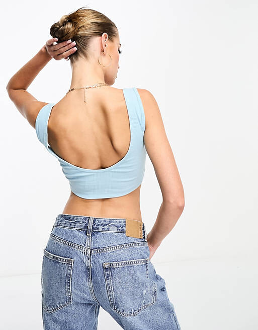 

Синий укороченный топ в рубчик со шнуровкой спереди ASOS DESIGN